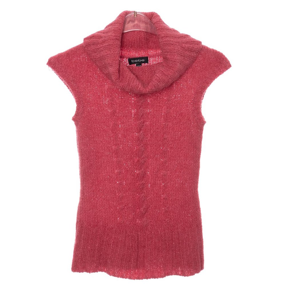 Bebe High Collar Pink Sleeveless Metallic Cable Knit Sweater Size Small